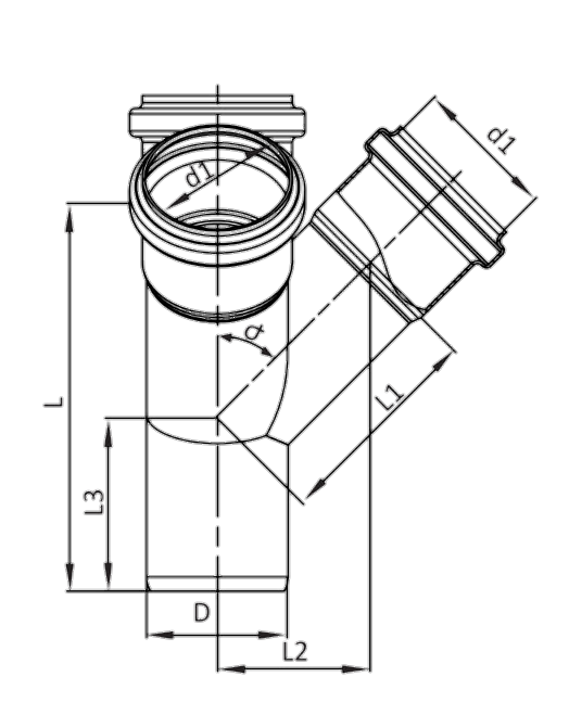 Чертеж тройника 45°